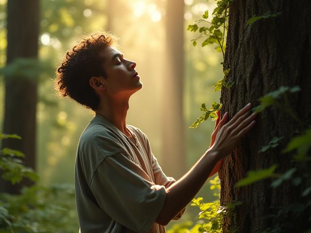 Woman practicing forest bathing in a lush forest for nature based wellness